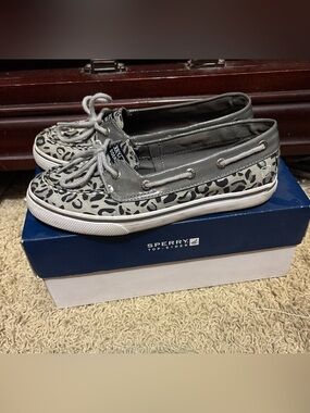 Sperry Women’s Gray and Black Leopard-Print Boat Shoes